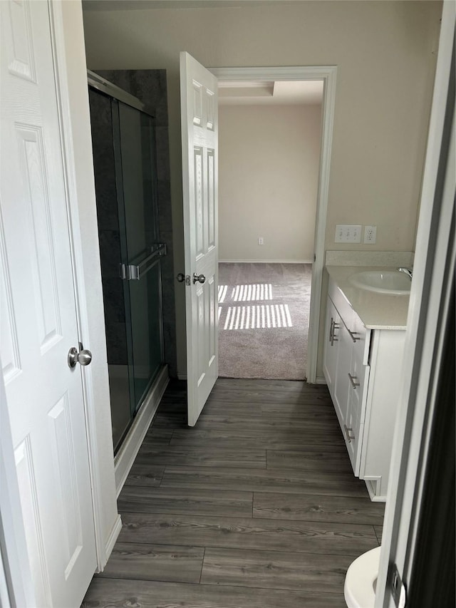 16033 Rein Ave, Haslet, TX 76052 - bathroom with wood finished floors, vanity, and a stall shower