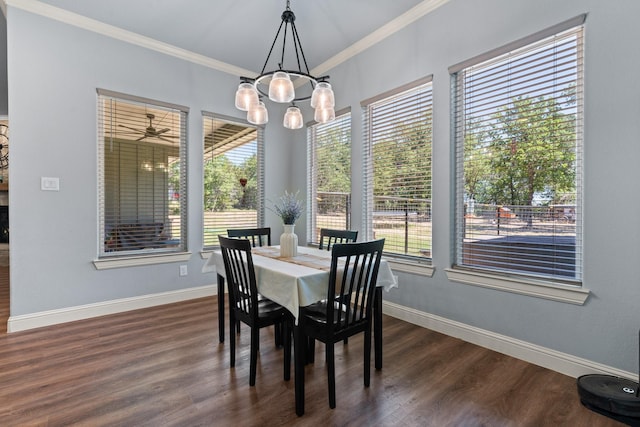 1295 County Road 2030, Glen Rose, TX 76043 - dining area featuring plenty of natural light, crown molding, dark wood-style floors, and a chandelier