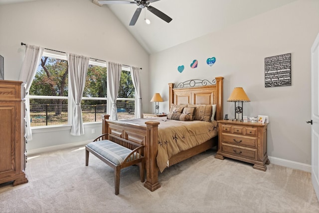 1295 County Road 2030, Glen Rose, TX 76043 - bedroom with light colored carpet, high vaulted ceiling, and ceiling fan