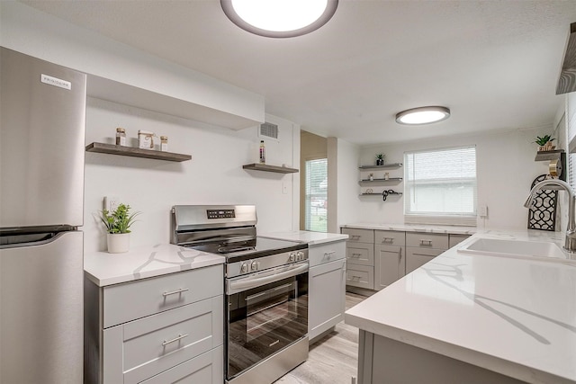 kitchen with open shelves, appliances with stainless steel finishes, gray cabinets, and a sink