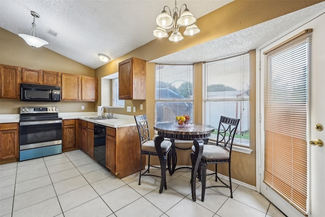 kitchen featuring a chandelier, vaulted ceiling, black appliances, a sink, and a textured ceiling