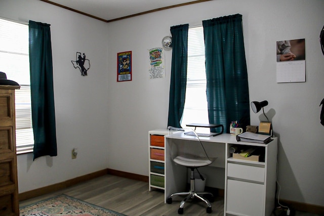 home office featuring light wood-style flooring, a healthy amount of sunlight, crown molding, and baseboards