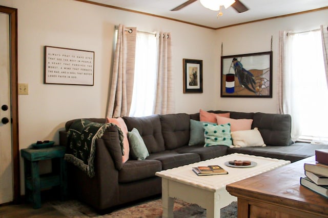 living room with wood finished floors, ornamental molding, and ceiling fan
