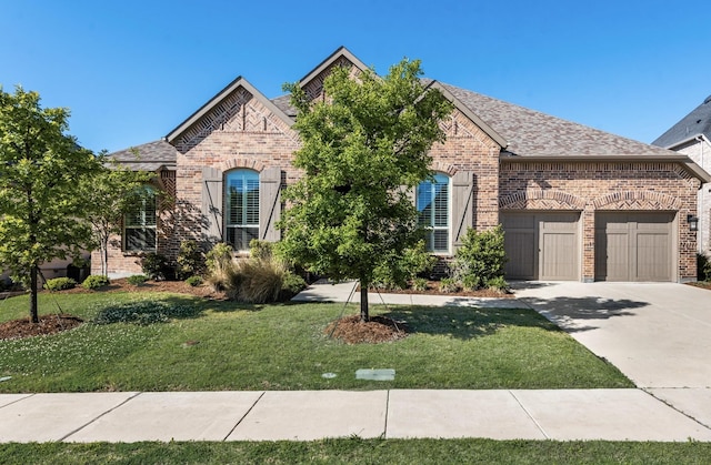 2316 Miranda Ln, Rockwall, TX 75087 - french provincial home featuring brick siding, concrete driveway, a front lawn, a garage, and roof with shingles