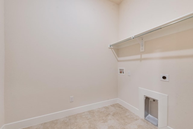 clothes washing area featuring hookup for a washing machine, hookup for an electric dryer, light tile patterned floors, baseboards, and laundry area
