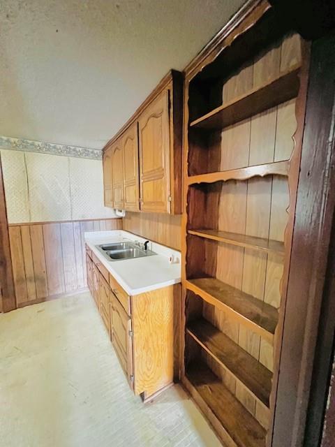 438 Atkins St, Sulphur Springs, TX 75482 - interior space with wood walls, open shelves, a sink, and light countertops