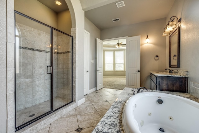 full bathroom with tile patterned floors, baseboards, visible vents, a jetted tub, and a shower stall