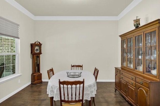 8450 Old Springtown Rd, Springtown, TX 76082 - dining space with baseboards, ornamental molding, and dark wood-style flooring