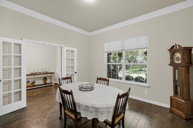 8450 Old Springtown Rd, Springtown, TX 76082 - dining area with baseboards, french doors, dark wood-style floors, and crown molding