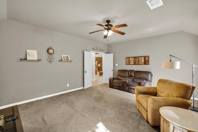 8450 Old Springtown Rd, Springtown, TX 76082 - carpeted living area featuring lofted ceiling, baseboards, a ceiling fan, and visible vents