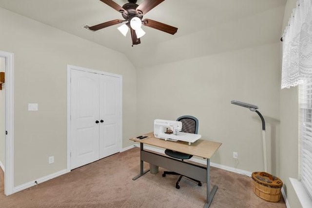 8450 Old Springtown Rd, Springtown, TX 76082 - office area featuring ceiling fan, baseboards, lofted ceiling, and carpet flooring
