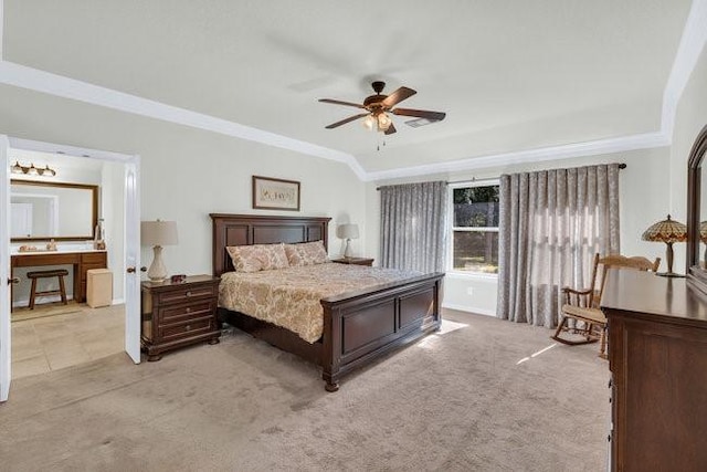 8450 Old Springtown Rd, Springtown, TX 76082 - bedroom with crown molding, a ceiling fan, and light carpet