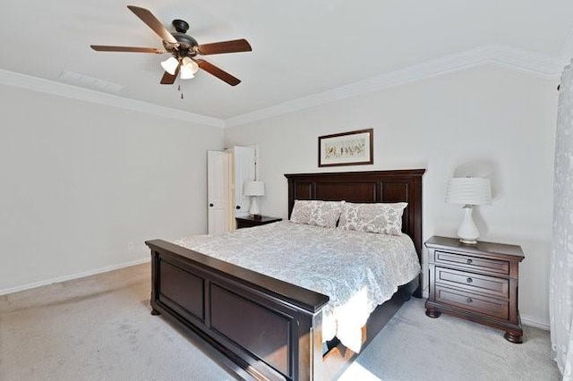 8450 Old Springtown Rd, Springtown, TX 76082 - bedroom with a ceiling fan, light carpet, crown molding, and baseboards