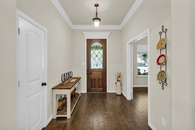8450 Old Springtown Rd, Springtown, TX 76082 - foyer entrance featuring dark wood finished floors, baseboards, and ornamental molding