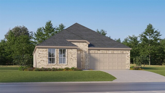 view of front of house with a front lawn, concrete driveway, a garage, brick siding, and a shingled roof