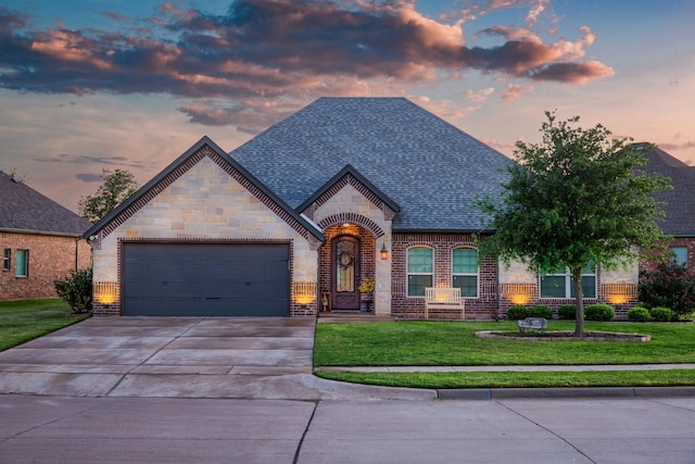 french country home with driveway, roof with shingles, a lawn, brick siding, and an attached garage