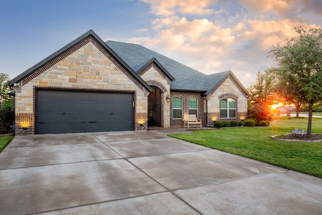 french country inspired facade with a shingled roof, stone siding, a garage, concrete driveway, and a yard
