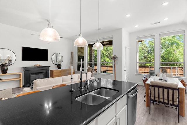 kitchen featuring stainless steel dishwasher, a sink, a glass covered fireplace, light wood finished floors, and white cabinetry