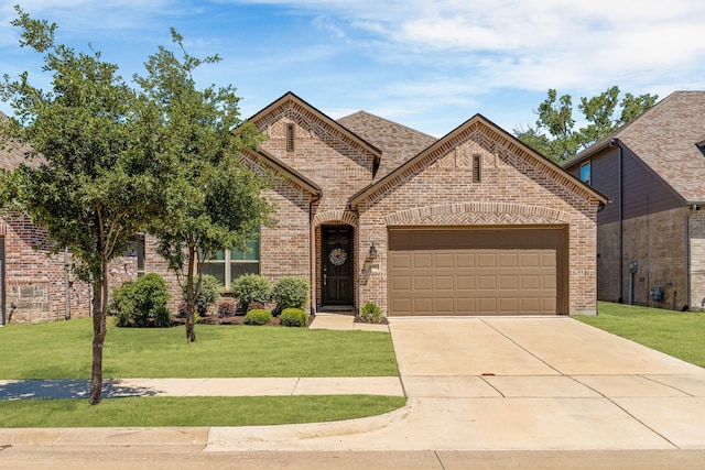 french country inspired facade featuring brick siding, a front yard, driveway, and a garage