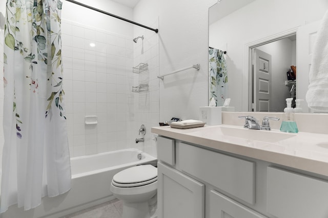 full bathroom with shower / bath combination with curtain, tile patterned flooring, vanity, and toilet