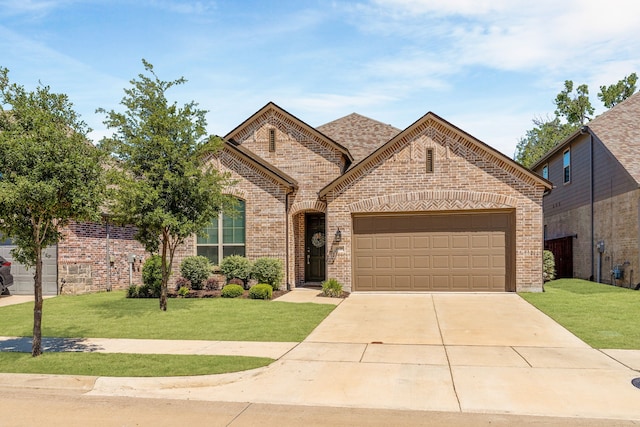 french provincial home with a garage, brick siding, a front lawn, and concrete driveway