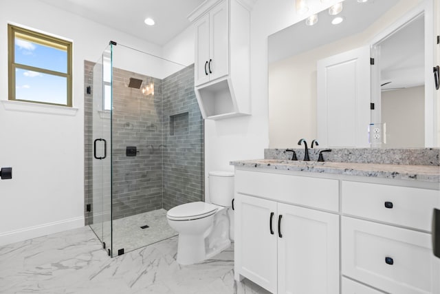 full bath with a shower stall, vanity, marble finish floor, toilet, and recessed lighting