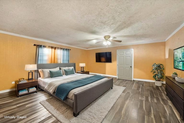 bedroom featuring baseboards, dark wood-style floors, a textured ceiling, and ornamental molding