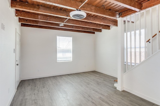 spare room featuring wood ceiling, wood finished floors, beam ceiling, and stairway