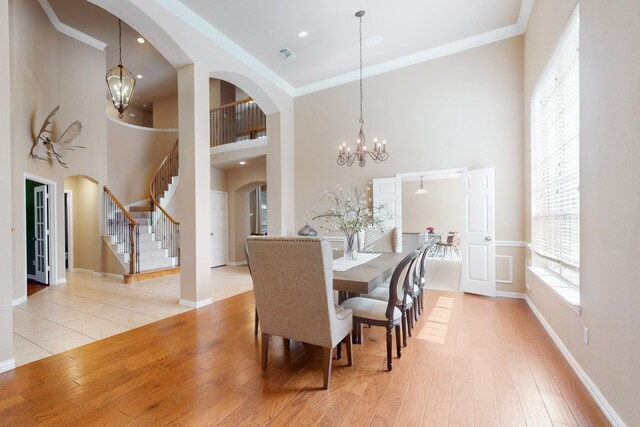1206 Greenway Dr, Allen, TX 75013 - dining space featuring ornamental molding, a chandelier, light wood-type flooring, baseboards, and recessed lighting