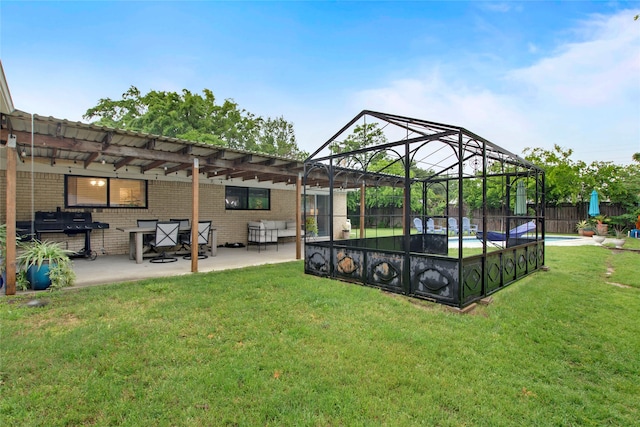 view of yard with a fenced in pool, a pergola, a fenced backyard, and a patio