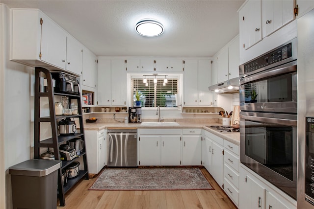 kitchen featuring light countertops, under cabinet range hood, a sink, light wood-style flooring, and appliances with stainless steel finishes