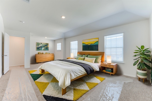bedroom featuring recessed lighting, baseboards, and light carpet