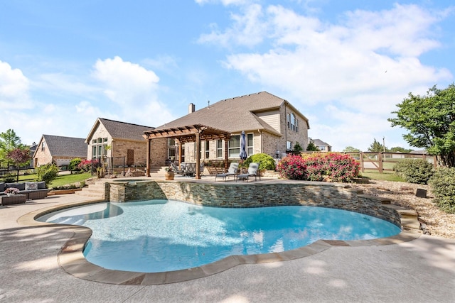 view of swimming pool with a fenced backyard, a pergola, a patio area, and a pool with connected hot tub