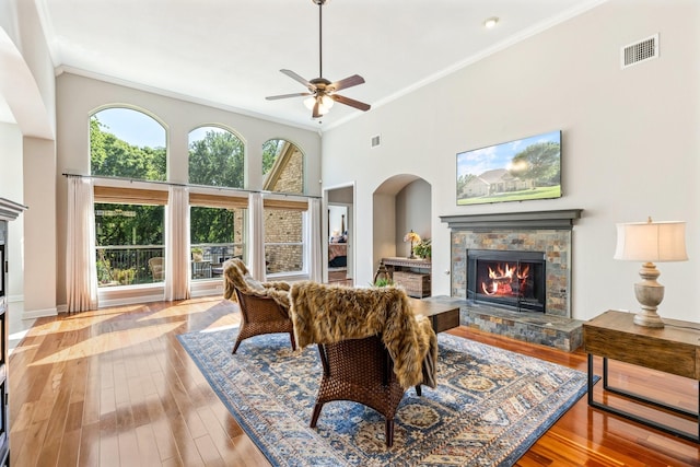 living area with visible vents, a stone fireplace, and ornamental molding