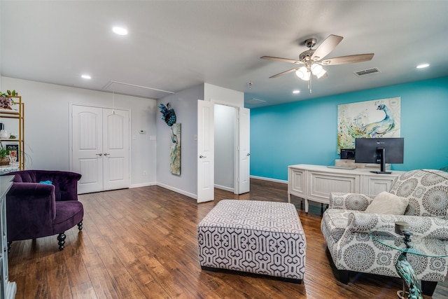 office area with a ceiling fan, attic access, dark wood finished floors, visible vents, and recessed lighting