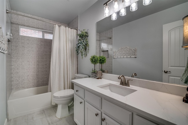 bathroom with toilet, vanity, and shower / bath combination with curtain