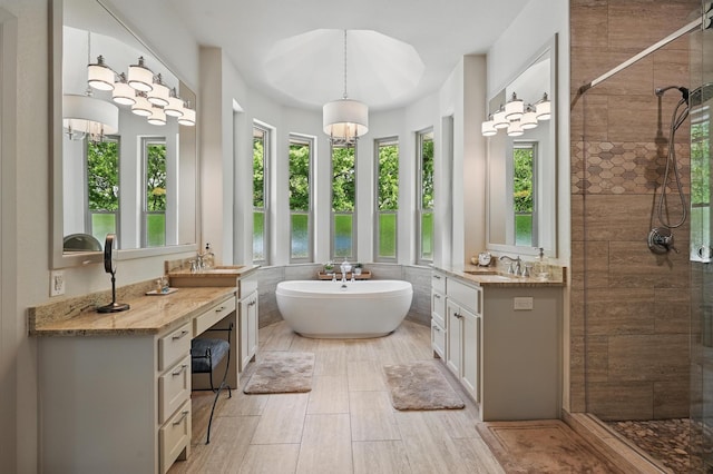 full bath featuring a shower stall, a freestanding tub, and vanity