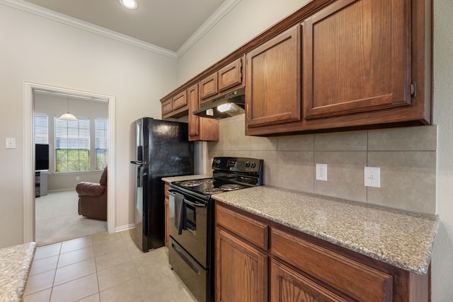 kitchen featuring tasteful backsplash, crown molding, black appliances, light carpet, and under cabinet range hood