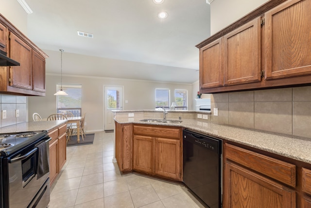 kitchen with a sink, range with electric stovetop, dishwasher, ornamental molding, and visible vents