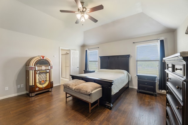 bedroom featuring vaulted ceiling, baseboards, a ceiling fan, and dark wood finished floors