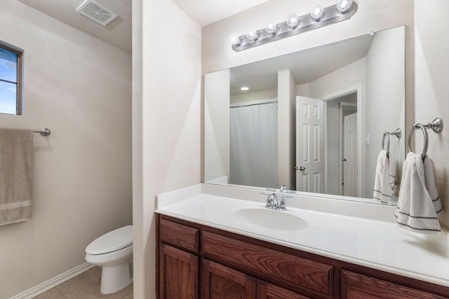 full bathroom with toilet, baseboards, visible vents, tile patterned flooring, and vanity