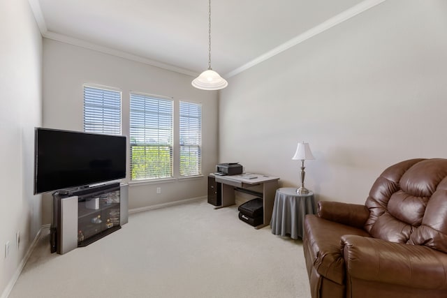 home office featuring light colored carpet, baseboards, and ornamental molding