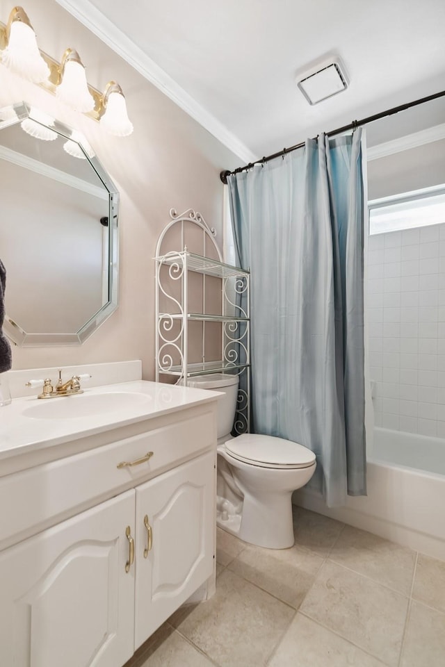 full bath featuring toilet, crown molding, and tile patterned flooring