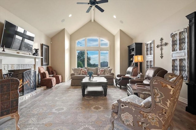 1608 Ridgewood Dr, Waco, TX 76710 - living room featuring high vaulted ceiling, a warm lit fireplace, ceiling fan, baseboards, and beam ceiling