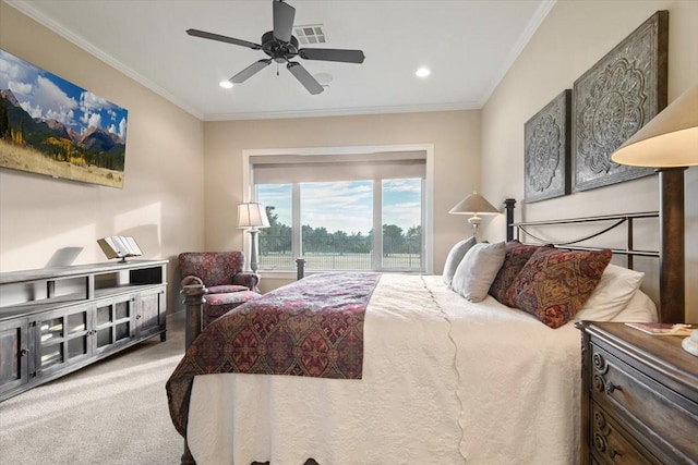 1608 Ridgewood Dr, Waco, TX 76710 - bedroom with a ceiling fan, carpet flooring, recessed lighting, and ornamental molding
