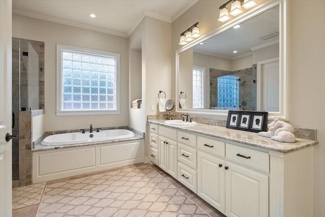 1608 Ridgewood Dr, Waco, TX 76710 - bathroom with a garden tub, a stall shower, vanity, ornamental molding, and recessed lighting