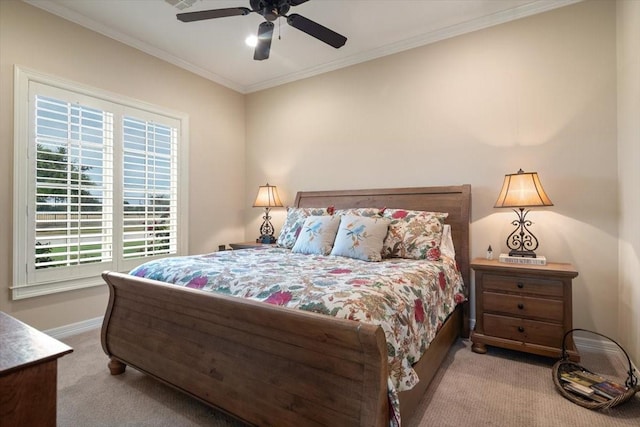 1608 Ridgewood Dr, Waco, TX 76710 - carpeted bedroom featuring a ceiling fan, baseboards, and crown molding