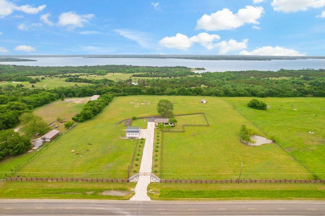 aerial view featuring a water view and a rural view