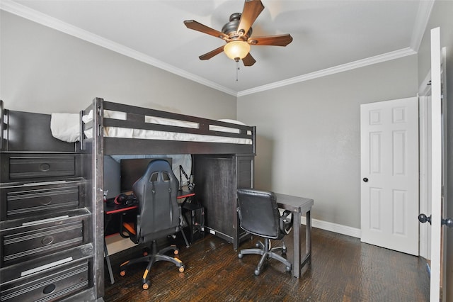 bedroom featuring wood finished floors, baseboards, ornamental molding, and a ceiling fan