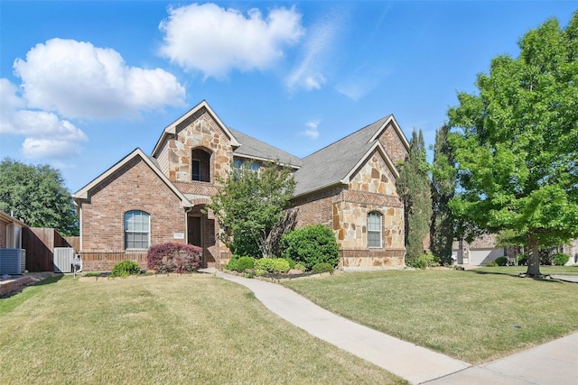 french country inspired facade featuring brick siding, stone siding, and a front yard